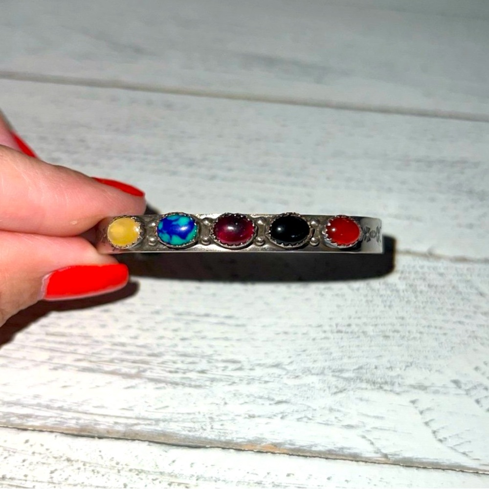 Native American Herman Smith Sterling Silver  Multi  Stone Cuff Bracelet - Picture 2 of 10